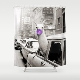 Hubba Bubba Purple Bubble Gum Llama taking a New York Taxi cab black and white photograph Shower Curtain