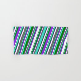 [ Thumbnail: Dim Grey, Turquoise, Green, Purple & Mint Cream Colored Lined Pattern Hand & Bath Towel ]