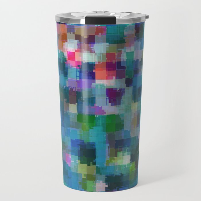 geometric square pixel pattern abstract in blue green pink yellow Travel Mug