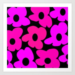 Large Sweet and Hot Pink Retro Flowers Black Background #decor #society6 #buyart Art Print