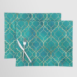 Teal Emerald Golden Moroccan Quatrefoil Pattern Placemat