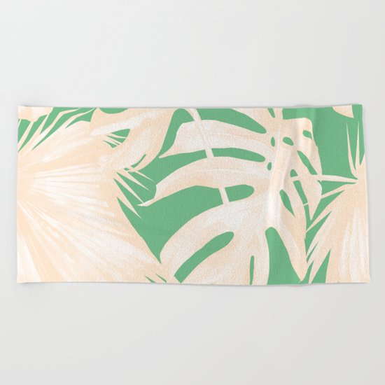 Tropical Coral Green Palm Leaf Pattern Beach Towel