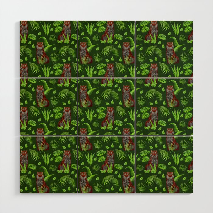  seamless pattern with sitting brown tigers and tropical vegetation Wood Wall Art