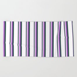 [ Thumbnail: Orchid, Dark Slate Gray & White Colored Stripes/Lines Pattern Beach Towel ]