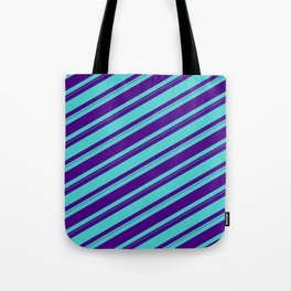 [ Thumbnail: Indigo & Turquoise Colored Striped/Lined Pattern Tote Bag ]