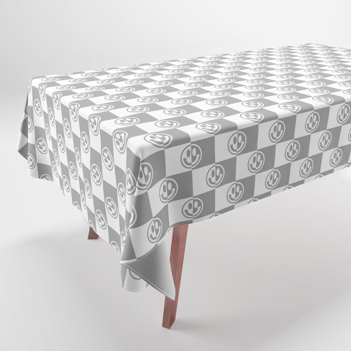 Smiley Faces On Checkerboard (Grey & White)  Tablecloth