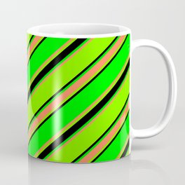 [ Thumbnail: Lime, Coral, Green, and Black Colored Lined Pattern Coffee Mug ]