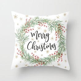 Merry Christmas wreath with red berries Throw Pillow