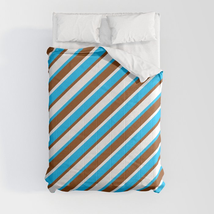 Deep Sky Blue, Brown, and White Colored Lines Pattern Comforter
