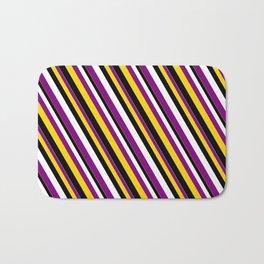 [ Thumbnail: White, Purple, Yellow, and Black Colored Striped Pattern Bath Mat ]