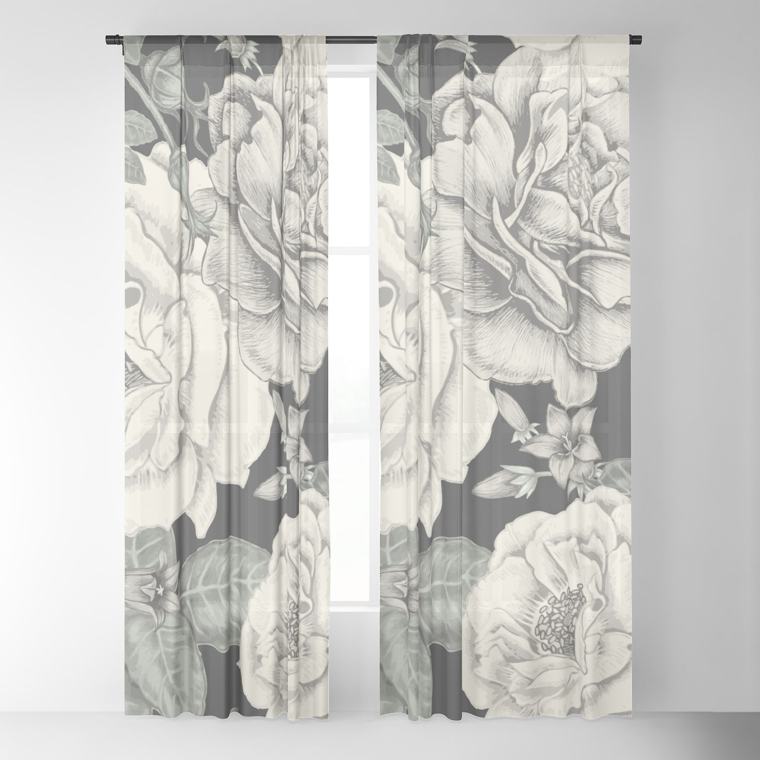 Cream Flowers On Black Sheer Curtain By Magic Dreams Society6