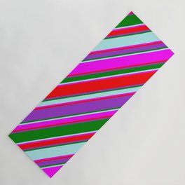 [ Thumbnail: Eyecatching Fuchsia, Red, Dark Orchid, Green & Turquoise Colored Lined Pattern Yoga Mat ]