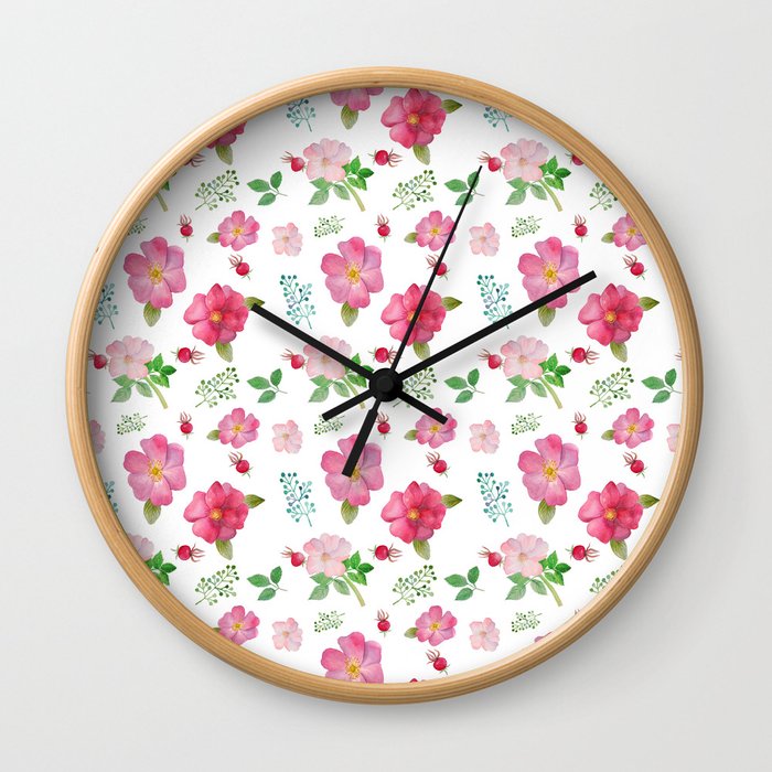 Botanical pink country chic rose floral pattern Wall Clock