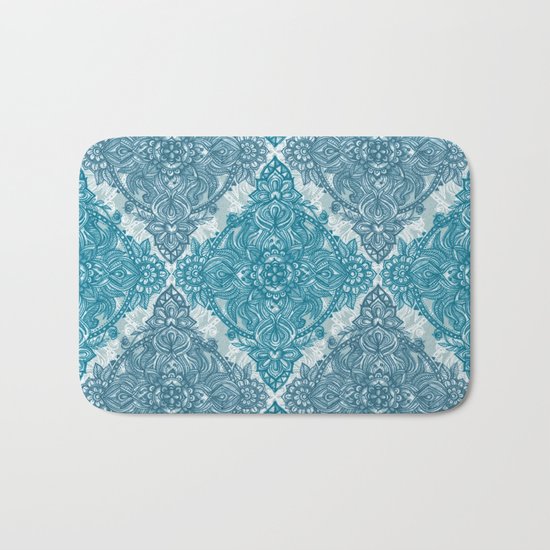 Teal & White Lace Pencil Doodle Bath Mat