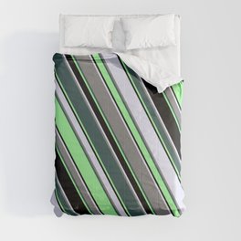 [ Thumbnail: Eye-catching Lavender, Grey, Dark Slate Gray, Green & Black Colored Pattern of Stripes Comforter ]