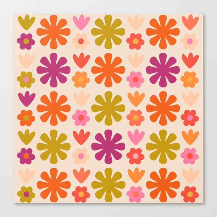 Scandi Floral Grid Retro Flower Pattern Orange Lime Magenta Pink Cream Canvas Print