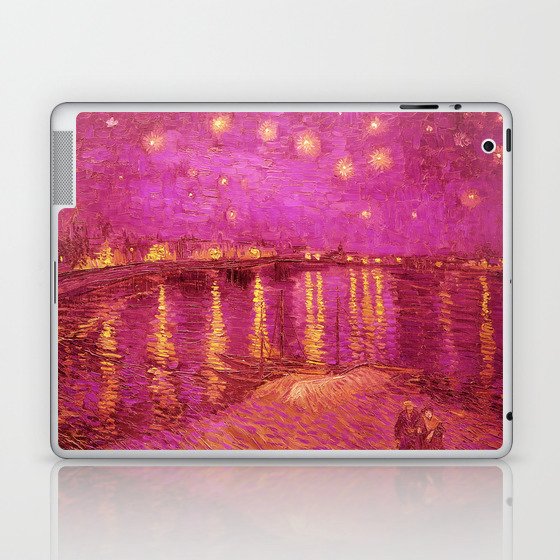 Starry Night Over the Rhone landscape painting by Vincent van Gogh in alternate pink with yellow stars Laptop & iPad Skin