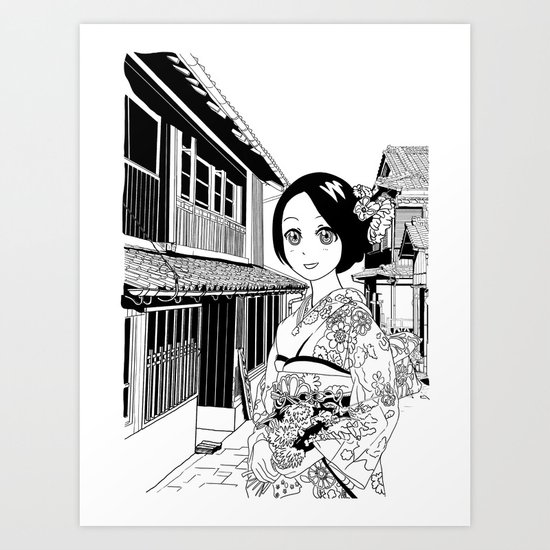 Kimono girl (manga style drawing) Art Print