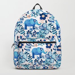 Blush Pink, White and Blue Elephant and Floral Watercolor Pattern Backpack