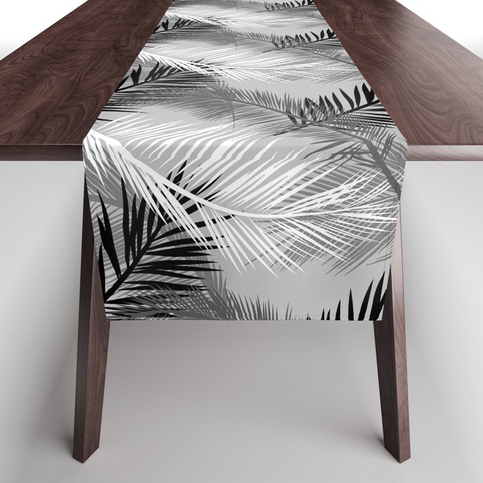 Palm Leaf Print, Grey / Gray, Black and White Table Runner