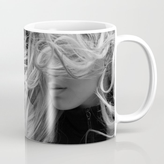 Blond with the wind in her hair black and white portrait photograph / photography / photographs Coffee Mug