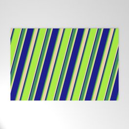 [ Thumbnail: Light Green, Tan, Dark Blue & Sea Green Colored Striped Pattern Welcome Mat ]