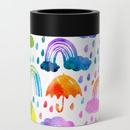Rainbow Watercolor Umbrellas Rainy Day Can Cooler