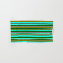 [ Thumbnail: Grey, Green, Aqua & Dark Green Colored Stripes/Lines Pattern Hand & Bath Towel ]