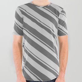 [ Thumbnail: Dim Gray & Light Gray Colored Lines Pattern All Over Graphic Tee ]