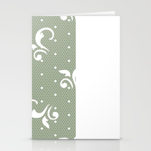 White Floral Curls Lace Vertical Split on Victorian Green Stationery Cards