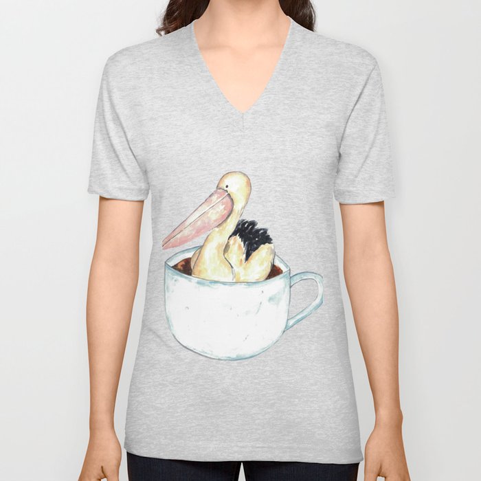 Pelican in tea cup watercolor painting print V Neck T Shirt