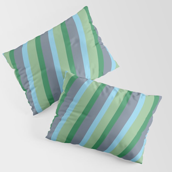 Dark Sea Green, Sea Green, Slate Gray & Sky Blue Colored Striped Pattern Pillow Sham