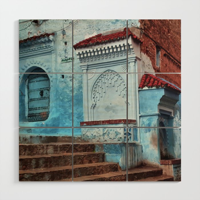 A7 - Oil Painting Blue Traditional Moroccan Doors & Buildings. Wood Wall Art