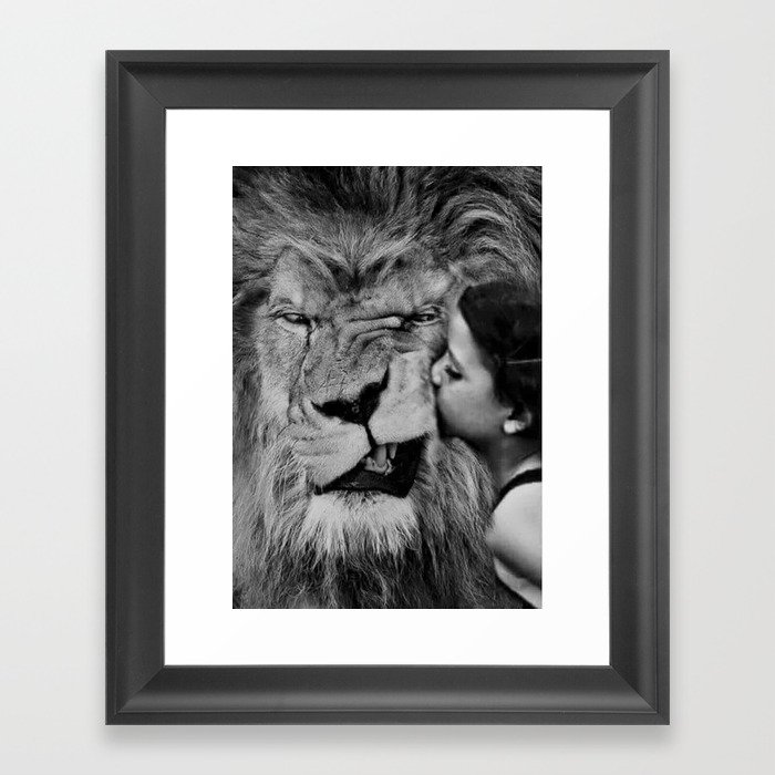 Grouchy Lion being kissed by brunette girl black and white photography Framed Art Print