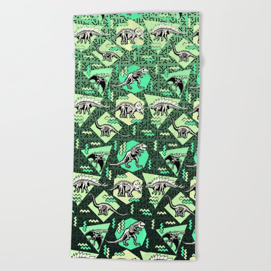 90's Dinosaur Skeleton Neon Pattern Beach Towel