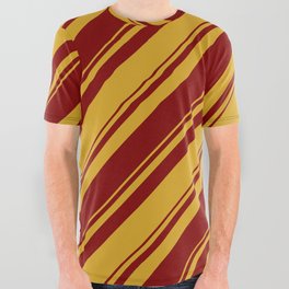 [ Thumbnail: Goldenrod & Maroon Colored Lines/Stripes Pattern All Over Graphic Tee ]