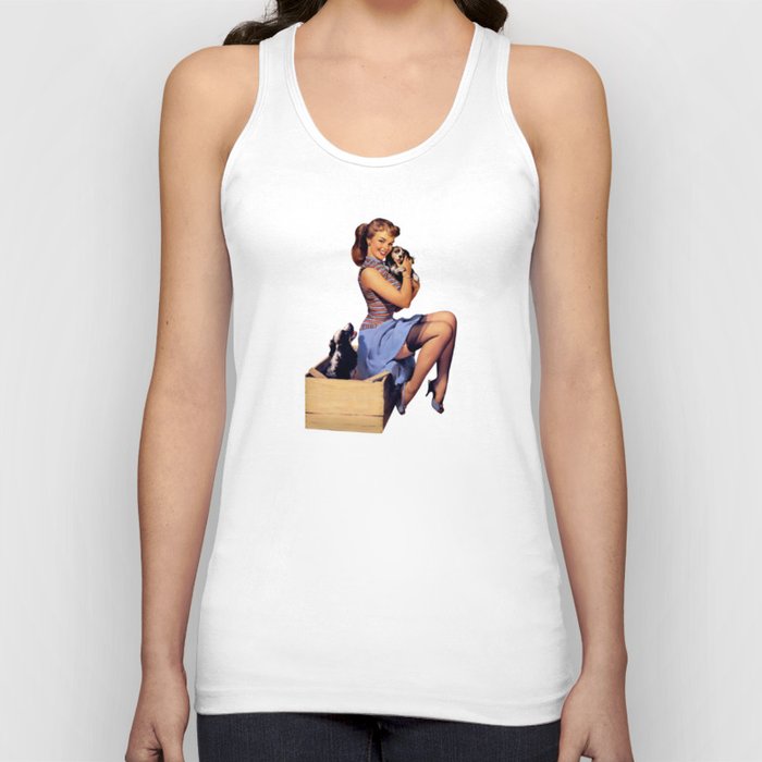 Brunette Pin Up Blue Skirt And Shoes Two Dogs Puppies Tank Top