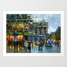 Paris Cafes and Opera House, Autumn, France landscape painting Art Print