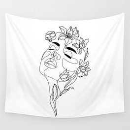 Minimal Woman Face line art. Head of Flowers Art Print Flower Woman Line Art Wall Tapestry