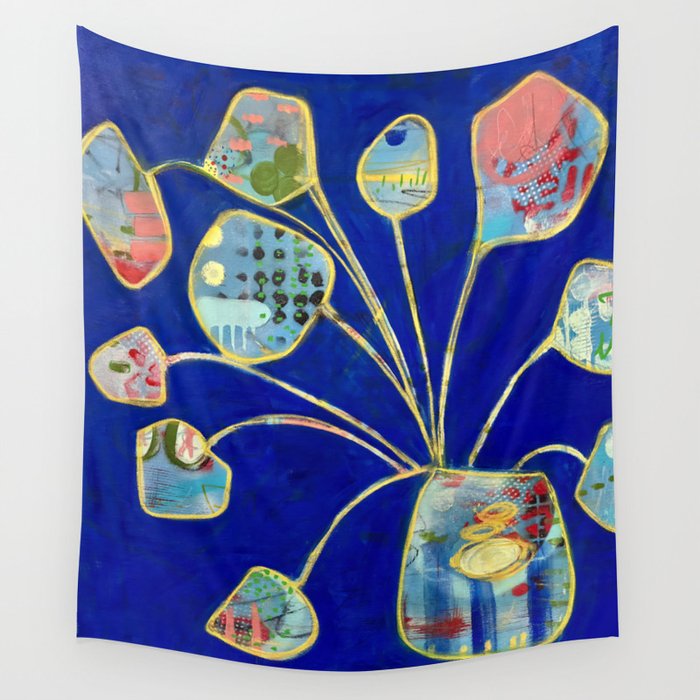 Bright Blue Flower Pot Wall Tapestry