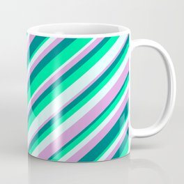 [ Thumbnail: Plum, Teal, Green & Light Cyan Colored Striped Pattern Coffee Mug ]