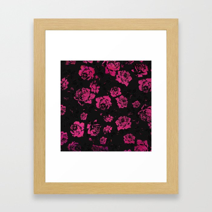 Girly Pink Rustic Floral Roses and Black Pattern Framed Art Print