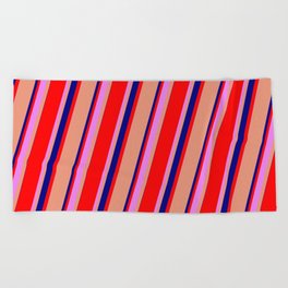 [ Thumbnail: Dark Salmon, Blue, Red, and Violet Colored Lines Pattern Beach Towel ]
