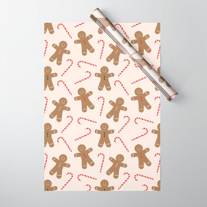 Gingerbread Man + Candy Cane Christmas Pattern Wrapping Paper