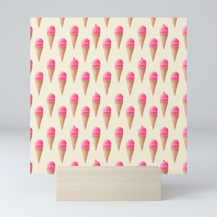 Pink Strawberry Ice Cream Cone Pattern Mini Art Print