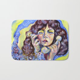 On the phone Bath Mat | Rotaryphone, Yellow, Acrylic, Cigarette, Phone, Woman, Blue, Impressionistic, Smoking, Girl 