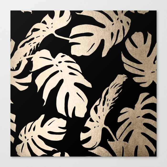 Simply Palm Leaves in White Gold Sands on Midnight Black Canvas Print