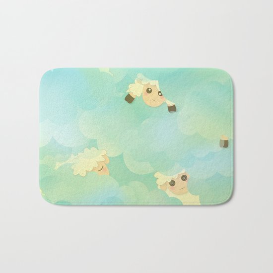 Heavenly Baby Sheep I - Mint Green, Baby Blue Colors Sky Background Bath Mat