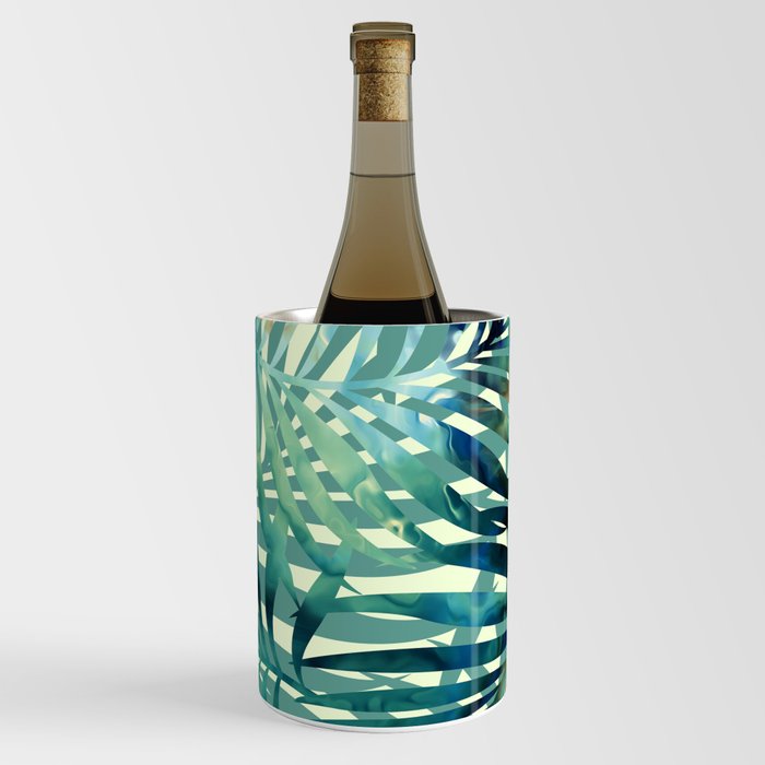 Tropical, Jungle, Palm Leaves, Watercolor Abstract, Blue and Green Wine Chiller