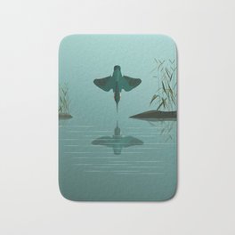 Diving into the water Bath Mat | Teal Orange Yellow, Sky Blue, Nature, Aviation, Kingfisher, Wild, Vector Art, Sea, Graphicdesign, Drama 